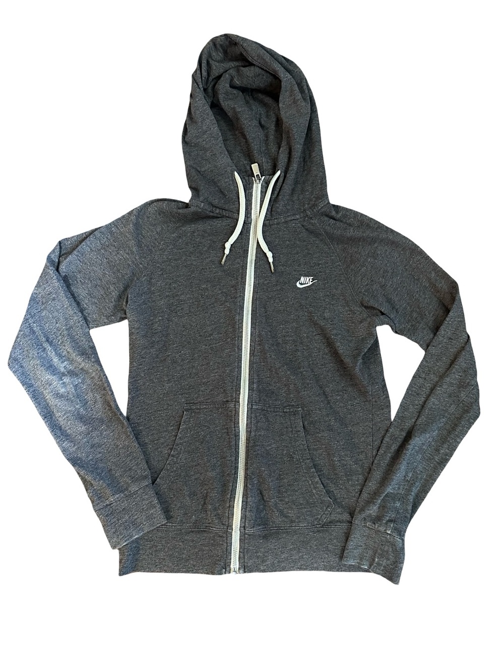 Nike Women's Dark Gray Full-Zip Hoodie with White Drawstrings